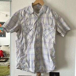 Pearl snap western shirt: white with light blue accents. Barely worn.